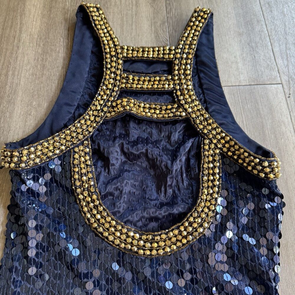 Niteline Della Roufogali Gold Beaded Cocktail Night Out Sexy Dress Size 2 Blue - Picture 13 of 16